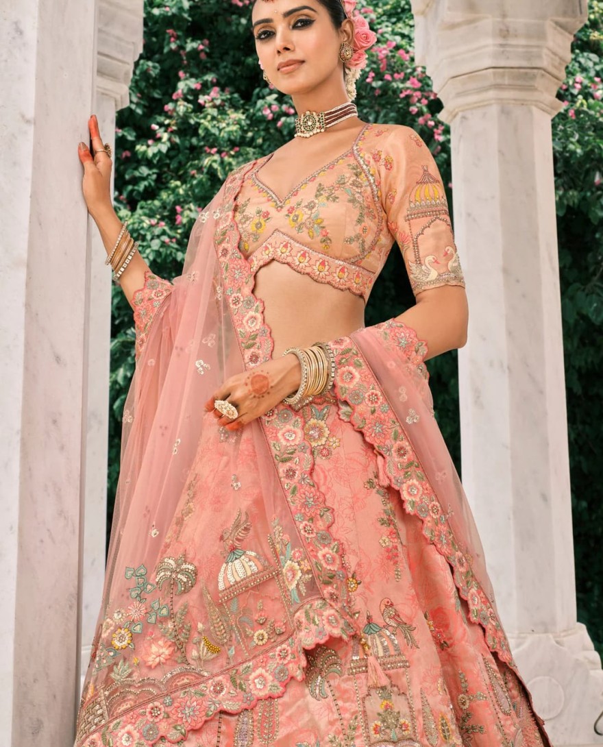 PEACHPINK - Peach Pink Fancy Silk Lehenga Choli With Cut Work Embroidery Border & Stone Work